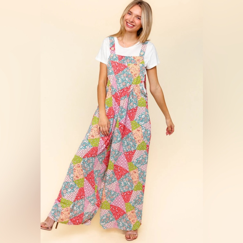 Retro Patchwork Wide Leg Overalls (S-L)